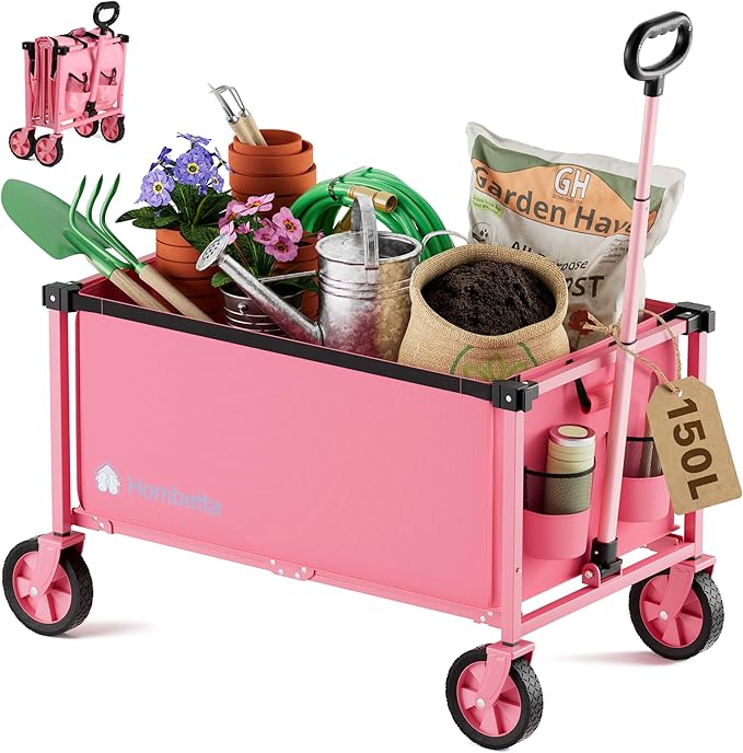 Collapsible Wagon Cart with Wheels, 150L Lightweight Foldable Utility Cart, Portable Rolling Wagon for Garden, Shopping, Sports, Camping, Transport, Pink