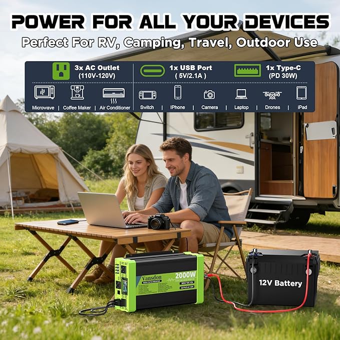 Vansdon 2000W Pure Sine Wave Inverter 12V DC to 120V AC Inverters for RV,Truck, Solar, Home, Off-Grid, Car Power Inverter with LCD Display, 3 AC Outlet, 30W USB-C, USB, Remote Control, Surge 4000W