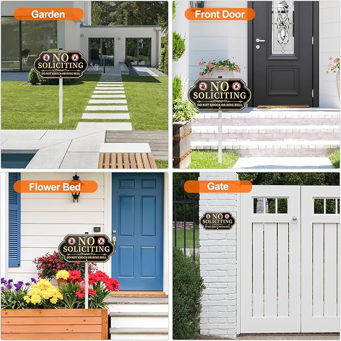 No Soliciting Sign for House, No Soliciting Yard Signs for Front Door Home, Aluminum Metal No Solicitation Sign 14 x 7 inches, with 28 inches Stake, Do Not Knock or Ring Bell