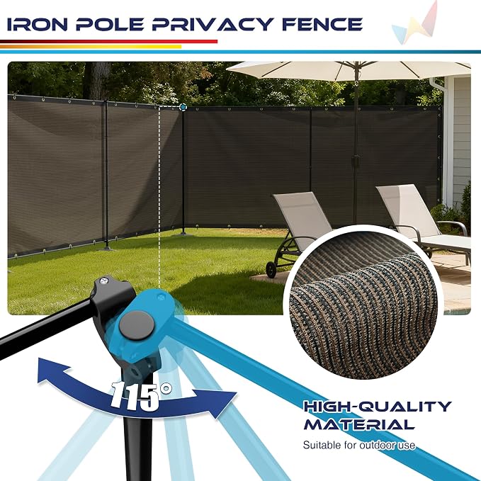 Windscreen4less Outdoor Privacy Fence Screen, 5'x93' Freestanding Privacy Fencing Set with Iron Poles and Ground Spikes, UV Resistant Mesh Cover Garden Pet Fencing for Backyard Patio Pool, Brown