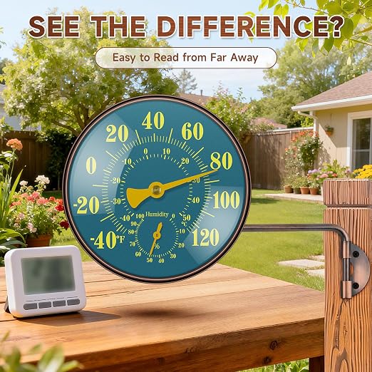6 Inch Outdoor Thermometer Hygrometer, Large Brass Retro Patio Thermometer, Waterproof Temperature Gauge with Easy to Read Window for Home, Patio, Garden, Garage Wall Mount
