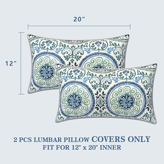 LVTXIII 2 Pack Outdoor Lumbar Pillow Covers 12x20 Inch with Piping, Water-Repellent Back Cushion Covers ONLY for Patio Furniture, Sofa, Garden Bench, Coastal Medallion