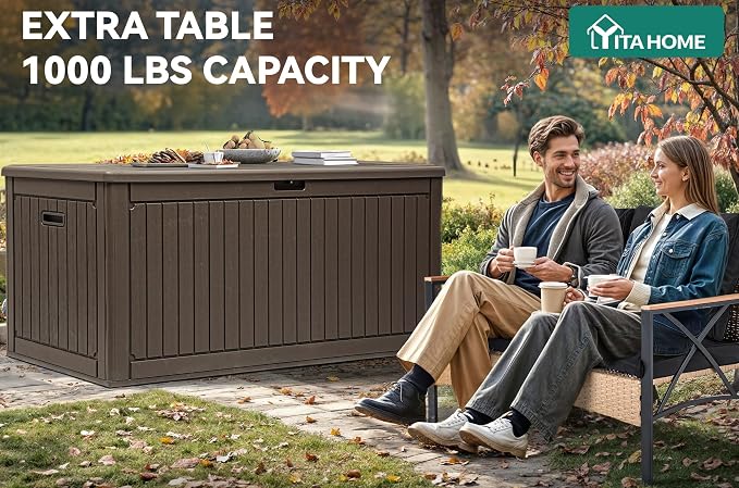 YITAHOME 320 Gallon Extra Large Deck Box, Double-Wall Resin Outdoor Storage Box with Flexible Divider for Patio Cushions Pool Supplies Garden Tools, 1000lbs Load Capacity, Lockable&Waterproof (Brown)