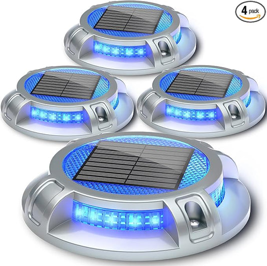 SIEDiNLAR Solar Driveway Lights Outdoor 4 Modes 40 LEDs Marine Dock Light Deck Driveway Markers Waterproof for Step Ground Walkway Pathway Yard Garden, Blue/White Dynamic Lighting (4 Pack)