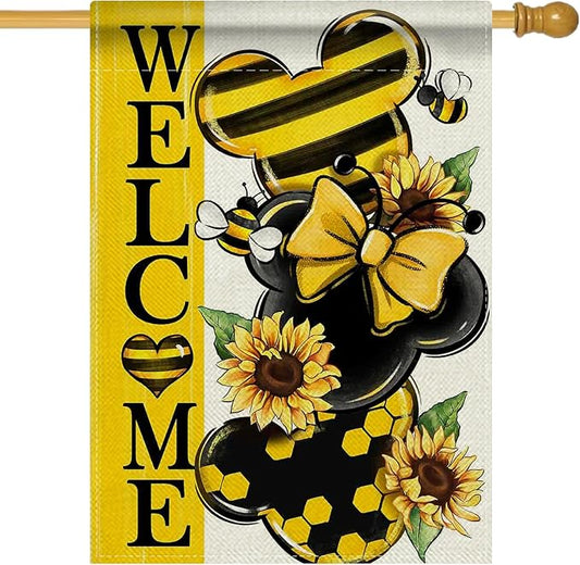 Welcome Spring Decorative House Flag, Yellow Sunflower Honey Bumble Bee Garden Yard Outside Decorations, Seasonal Burlap Outdoor Large Home Decor Double Sided 28 x 40