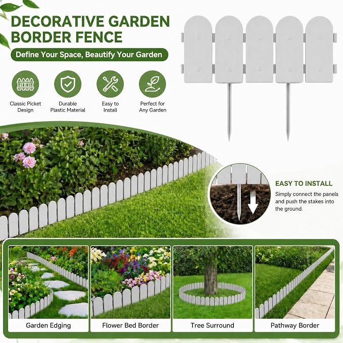 Evelyne Garden Border Plastic Edging: Wooden Fence Design - 16pcs Gray Yard Landscaping Fence Liner Lawn Edge Barrier - 20ft Kit of Decorative Lawn Panels Elements -Landscaping Edging-GMT-10374-E16