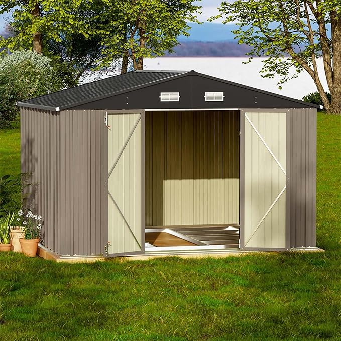 Patiowell 10 x 8 FT Outdoor Storage Shed with Floor Frame, Garden Metal Shed with Sloping Roof and Lockable Door, Large Tool Outside Sheds for Backyard Garden Patio Lawn, Brown