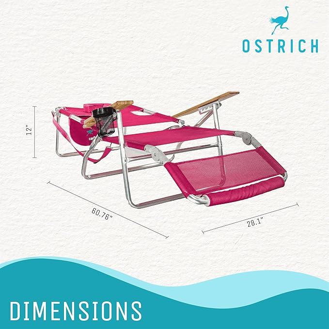 Ostrich the Original 3N1 Lightweight Beach Reclining Lounge Chair with Footrest, Outdoor Furniture for Patio, Balcony, Backyard, or Porch, Pink