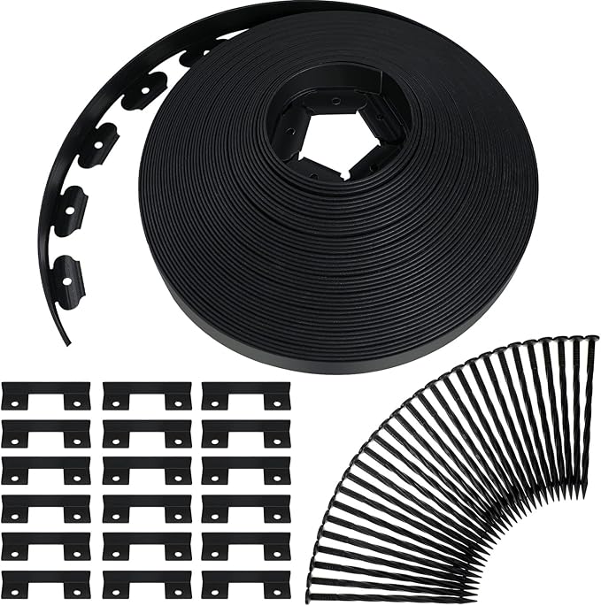 Queekay 148FT 2 Inch Tall Landscape Edging Kit with 70 Spikes 20 Connectors Plastic Garden Landscape Edge Border Flexible Landscaping Edging for Lawn Garden Yard Flower Bed(Black,2 Inch)