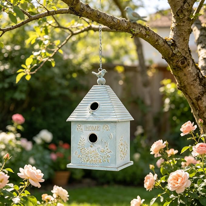 Distressed White Hanging Birdhouse with Home Emblem, Rustic Farmhouse Decorative Bird Nest Box for Outdoor Garden, Patio, Yard, Weathered Bird Shelter for Small Birds (Blue)