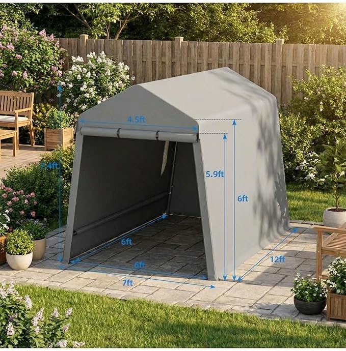 Garvee 7X12 Ft Outdoor Storage Shed, 2 Rolled Up Zipper Doors Portable Storage Shed, Waterproof Cover Vents Carports Temporary Shelter for Bike, Motorcycle, Gardening Tools, Generator, Grey