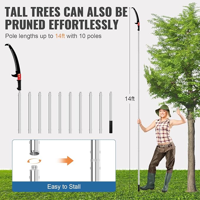 Pole Saws for Tree Trimming, Lightweight Manual Stainless Steel Extension High Pole Pruning Pole Saw for Tree Trimming Branches at Forestry Yard Garden Patio