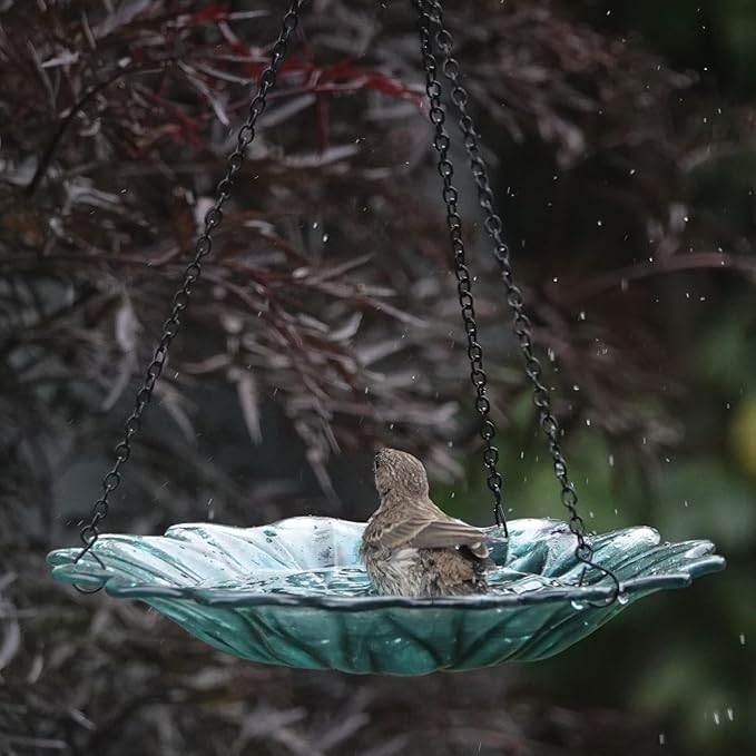 11" Recycled Glass Hanging Combination Bird Feeder and Bath for Wild Birds and Outdoor Décor, 0.625 Quart Capacity, Turquoise Dahlia Floral Design, Hanging Chains Included