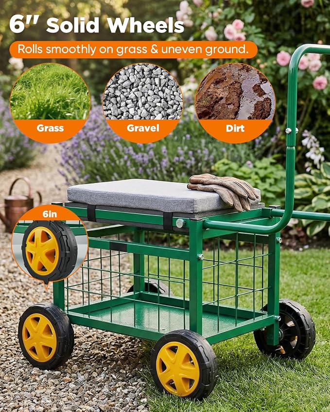Saker Rolling Work Seat with Wheels - 15.7'' EVA Padded Stool, 400 lb Steel Frame, Large Storage Basket - Patio Lawn Backyard Cart for Gardening Tasks (Basic Version)
