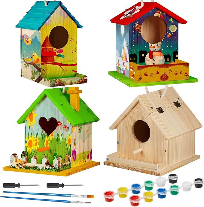 Juexica 8 Pack DIY Birdhouse Kits for Kids Ages 6+ Build and Paint Wooden Bird House Arts and Craft Project with Paint Strips Brushes for Boy Girl Adult Classroom Indoor Outdoor Crafts (Mixed)