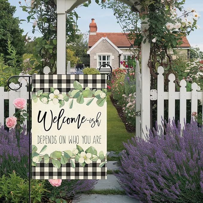 Artofy Welcome-ish Depends on Who You Are Small Decorative Garden Flag, Funny Family Buffalo Plaid Botanical Yard Lawn Outside Decor, Humorous Burlap Outdoor Home Decoration Double Sided 12 x 18