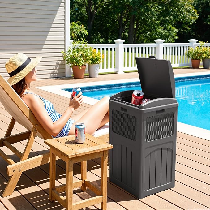 Greesum 33 Gallon Outdoor Trash Can with Lid (2-Pack), Heavy Duty Resin Garbage Bin, Waterproof & UV Resistant for Patio, Garden, Deck, Yard, Gray