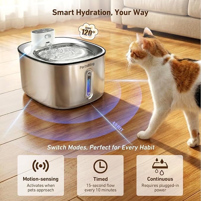 PartsBling Cordless Cat Water Fountain Stainless Steel, 4.2L/142oz Battery Operated Pet Fountain, Ultra Quiet Water Dispenser Cats&Dogs, 5000mAh Rechargeable, Easy to Clean, Includes 4 Filters, White