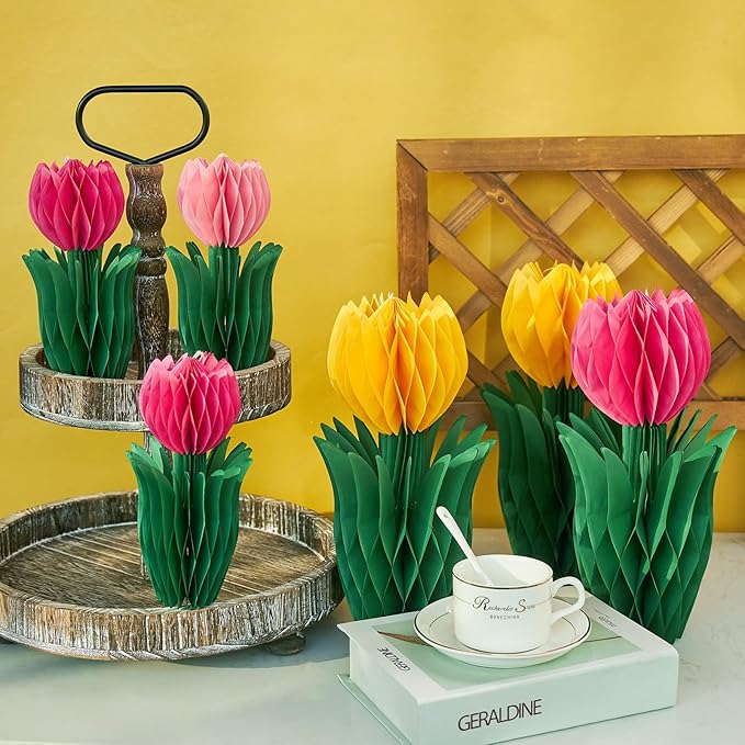 8 Pcs Tulip Honeycomb Decorations, Spring Decorations for Office, Table Decor, Tulip Party Decorations, Spring Centerpieces for Tables for Mothers Day Party, Womens Day