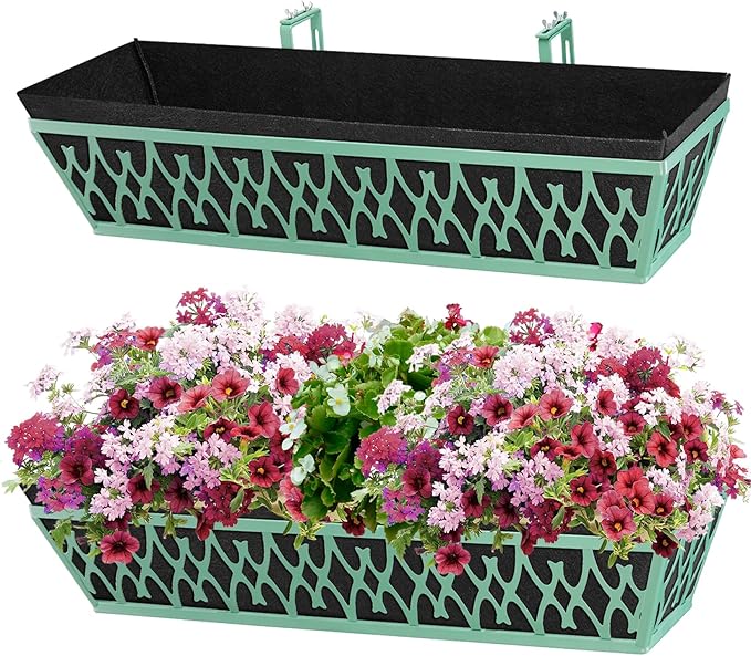 2 Pack 30 Inch Window Boxes Planters Railing Planter Box with Adjustable Brackets & Non-Woven Fabric Plant Grow Bags Deck Railing Planter Boxes Balcony Hanging Flower Box for Outdoor Plants