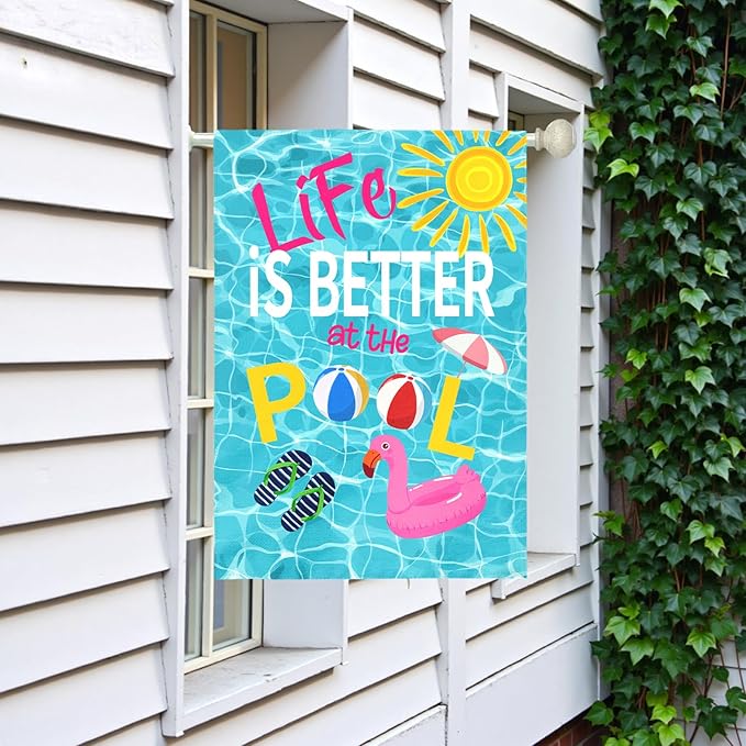 Life Is Better at the Pool Large House Flag Summer Pool Party Outdoor Double Sided Poolside Garden Flags Swimming Pool Flamingo Beach Ball Sunshine Yard Banner Porch Patio Decor 28 x 40 Inch