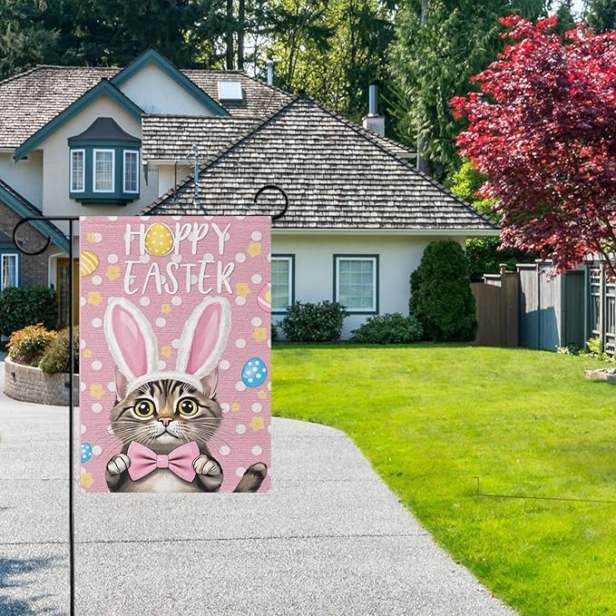 Happy Easter Day Pink House Flag 28x40 Inch Double Sided Outside Bunny Cat Bowknot Rabbit Easter Egg Yard Outdoor Flag Banner for Garden Lawn Patio Holiday Decorations