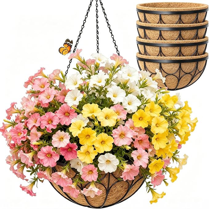 4 Pack 12 Inch Hanging Planters for Outdoor Plants，Large Wire Flower Hanging Basket with Coco Liners for Balconies, Patios, Porch, Terraces Decor