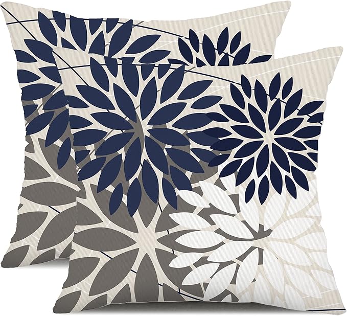 DFXSZ Outdoor Throw Pillow Covers 16x16 Inch Set of 2 Waterproof Spring Summer Geometric Elegant Navy White Outdoor Pillow Covers for Patio Funiture Garden Couch 158Z16