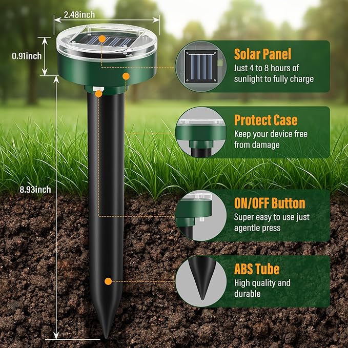 Solar Powered Mole Repellent 10 Packs, Pet-Safe Ultrasonic Pest Repeller, Waterproof Snake Gopher Vole Repellent for Lawn Garden, Humane Groundhog Chipmunk Deterrent