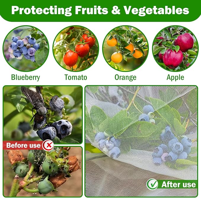 2 PCS Fruits Tree Netting Cover for Garden 3.3 x 4.9 ft Garden Insect Bird Barrier Plant Netting for Tomato Blueberry Bush Netting Covers Deer Cicada Netting Cover Bag with Drawstring