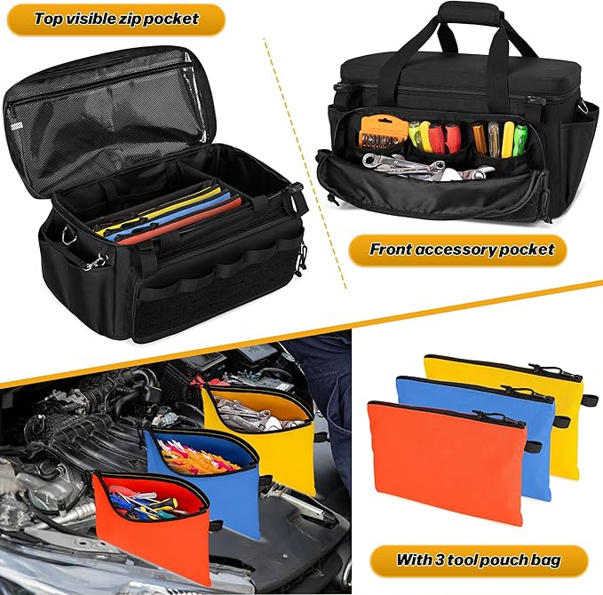 Rexmica 17-Inch Tool Bag with 3 Tool Pouches, Tool Storage Organizer for Men with Anti-friction and Padded Bottom, Tactical Range Bag, Multi-functional Work Bag for Repairman, Electrician, Carpenter