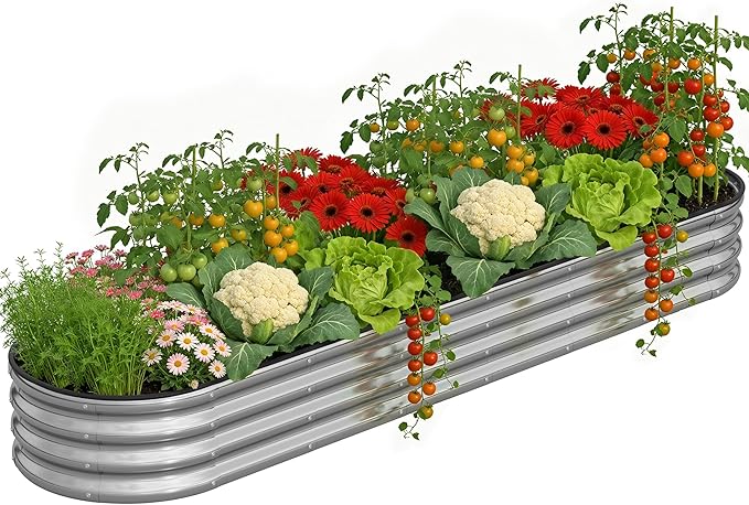 Planters for Outdoor Plants, 8×2×1ft for Outdoor Garden Box with Easy Assembly,Oval Large Galvanized Gardening Raised Bed for Vegetables, Fruits, Flower Silver
