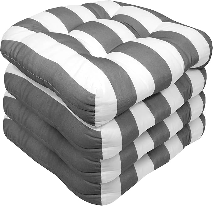 Sweet Home Collection Patio Cushions Outdoor Chair Pads Premium Comfortable Thick Fiber Fill Tufted 19" x 19" Seat Cover, 19" x 19" x 5", Havana Silver/White 4 Count