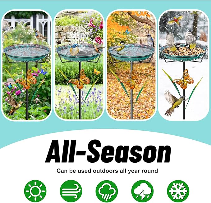 Metal Bird Bath for Outside, 35In Freestanding Birdbath with 5-Pronged Sturdy Base, Removable Easy Clean Birdfeeder Bowl with Butterfly & Leaf for Outdoors Garden Patio Yard Lawn Decor(Blue)