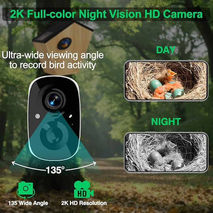 Smart Bird House with 5MP HD Camera, Solar-Powered & Night Vision - IP66 Weatherproof, App-Controlled Bird Watching for Bird Enthusiasts