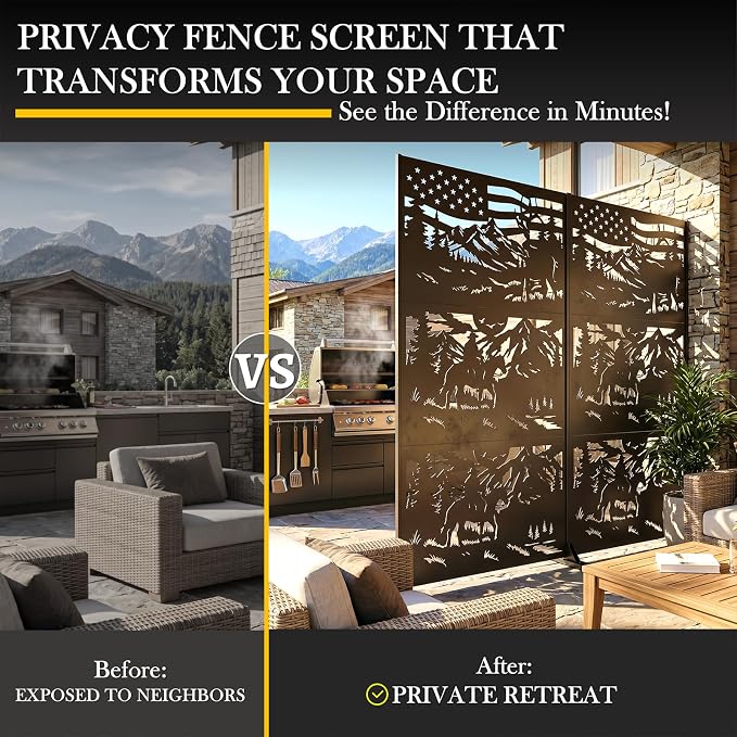 72" H Metal Outdoor Privacy Screen, Western Ranch American Flag Panel | Outdoor Privacy Panels for Balcony, Patio & Backyard, Freestanding Decorative Privacy Panel