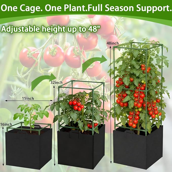 Tomato Cages for Garden, Tomato Planter with Trellis, 48in Tall Square Tomato Trellis with 18 Gallon Grow Bags, Patio & Balcony, Metal Tomato Cage for Tomatoes Cucumbers Peas Climbing Plants, 3 Pack