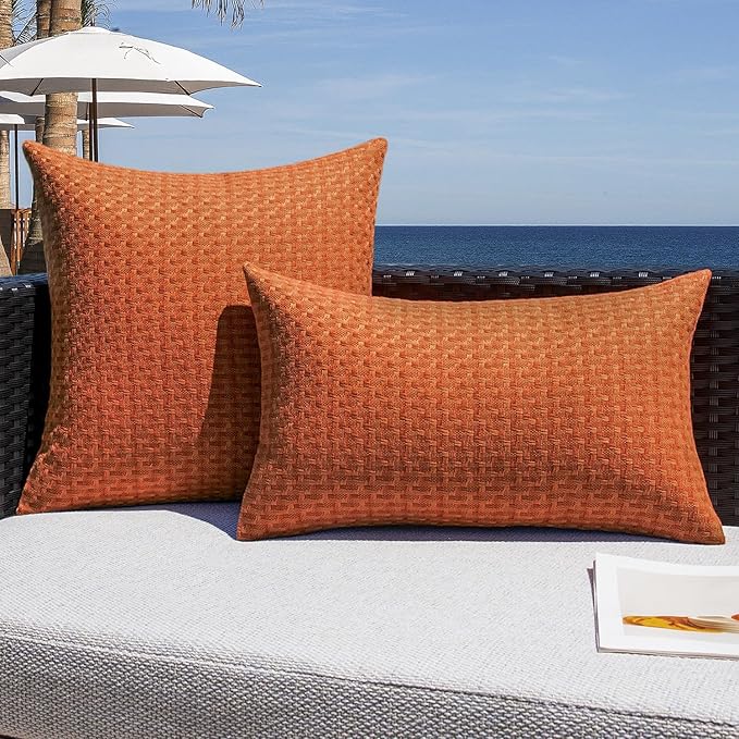 Kevin Textile Fall Outdoor Waterproof Throw Pillow Covers Pack of 2 Farmhouse Decorative Cushion Covers for Garden Patio Tent Balcony Bench Couch Sofa 18x18 Inch, Burnt Orange