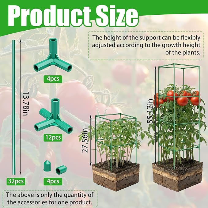 Qunclay 3 Pack Square Tomato Cages with 3 Pcs Garden Bird Netting Cover, 57 in Adjustable 4-Tier Tomato Plants Trellis, Drawstring Plant Protection for Vertical Climbing Plants Vegetables Fruits