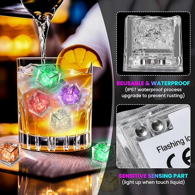 Light Up Ice Cubes, 300 Pack Multi Color Led Ice Cubes for Drinks IP67 Waterproof Reusable Glowing Flashing Changing Lights Water Activated Drink Lights for Cocktails Christmas Party Bar Wedding
