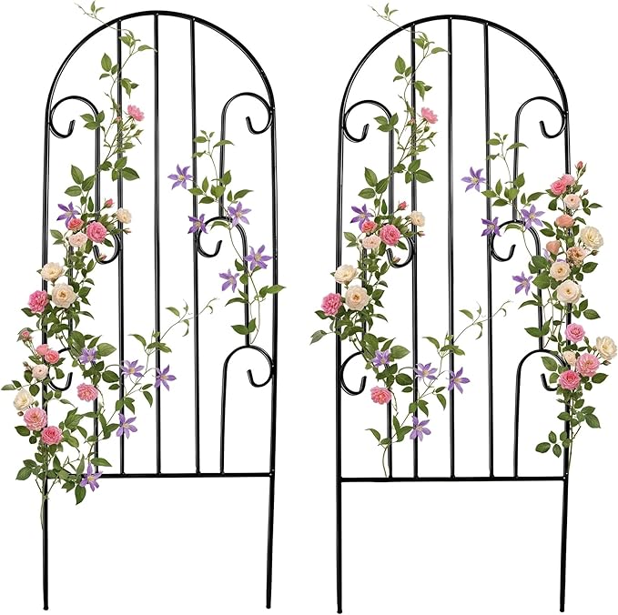SCENDOR 2 Pack Arched Metal Garden Trellis for Climbing Plants 45" H x 15.9" W – Rustproof Iron Trellis with Decorative Scrollwork, Perfect for Roses, Clematis, Vines, and Patio Decor