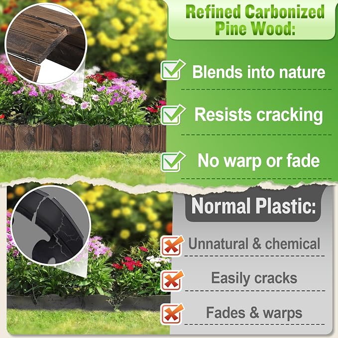 9.6ft L x 3.9in H Landscape Edging - Sturdy Anti-Corrosive Wood Garden Edging Border, Low-Profile Blends into Nature, for Yard Flower Bed Path Decorative Tree Fence, 1 Pack