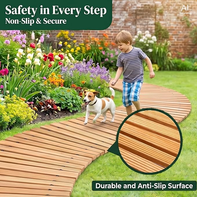 Plow & Hearth 4' Curved Outdoor Wooden Pathway | 18" Wide Rollout Outdoor Garden Walkway | Weather-Resistant Hardwood Cedar Board Walkway Landscape Edging | Decorative Lawn Patio Wedding Party
