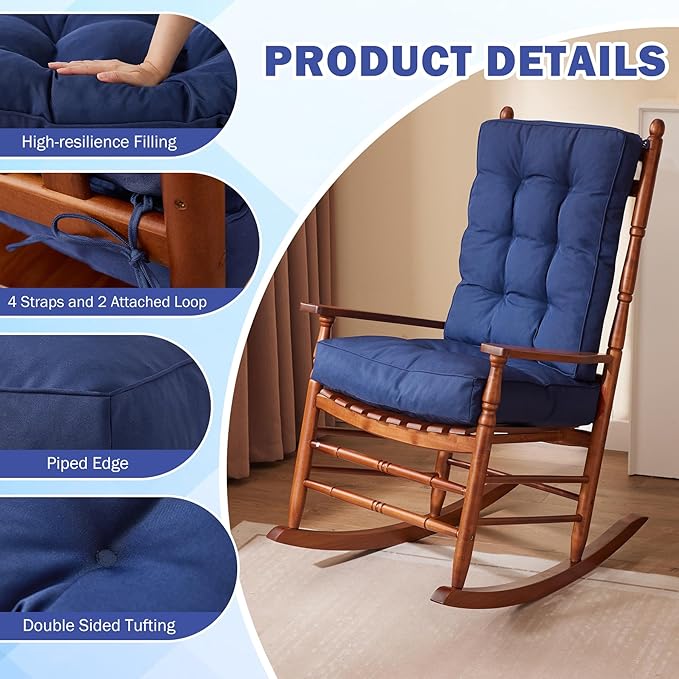 IPYNBAP Rocking Chair Cushion, Waterproof and Fade-Resistant Patio Chair Cushions, Tufted Chair Pads for Rocker Furniture, 17x17 Inch, Indoor/Outdoor Seat Cushions with Ties, Navy Blue