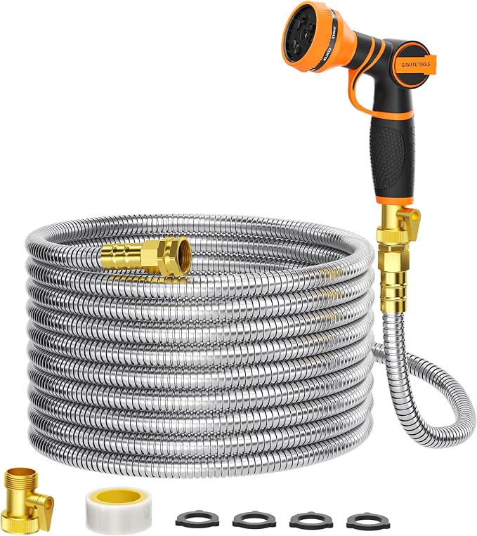 Giraffe Tools Garden Hose 75ft x 5/8", 304 Stainless Steel Metal Water Hose, No Kink Garden Water Hose with 9 Pattern Spray Nozzle, Flexible, Lightweight, Kink Free Hose for Yard, Outdoor
