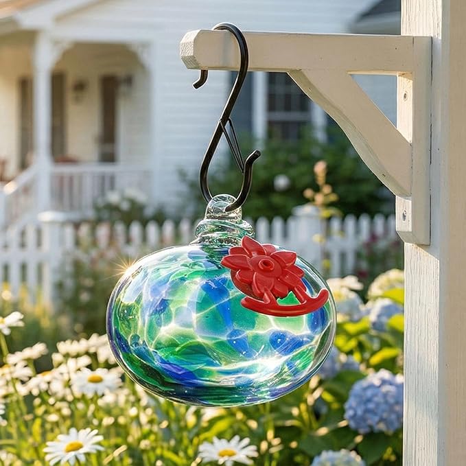 QFkris Blown Glass Hummingbird Feeder for Outdoors Hanging, Small Hummingbird Feeder with Flower Feeding Ports for Outside Garden Backyard Decor, Gifts for Women Mom(Green)
