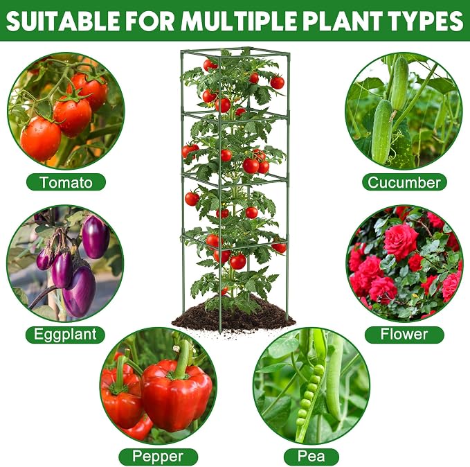 14.5" W x 53" H Tomato Cage for Garden, 3 Pack Square Tomato Trellis Plant Support Frame with 50 Pcs Plant Clips, Suitable for Climbing Vegetables, Flowers, and Fruits
