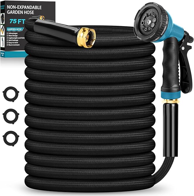 Garden Hose 75FT Non-Expanding, Lightweight Hose With 10-Function Nozzle, Leak-Proof, No-Knot, Easy to Carry, Wear-Resistant, Sturdy 3/4GHT Flexible Water Hose for Yard Garden Outdoor