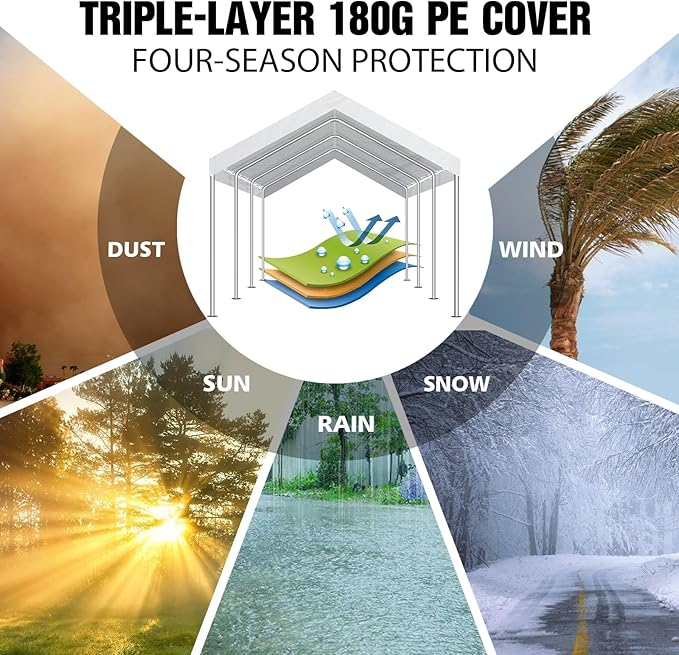 Carport Canopy 10'x20' Replacement Cover, Waterproof & UV Protected Garage Top Tarp Shelter Cover with Ball Bungee Cords, Car Cover Tent (Frame is not Included)