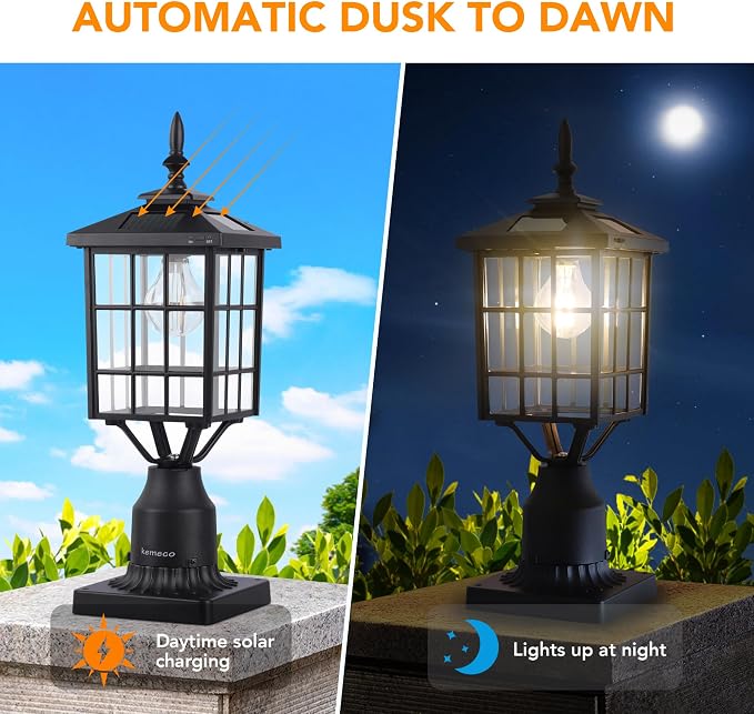 Outdoor Solar Post Lights with Pier Mount Base, ST4224Q 2 Pack Black Cast Aluminum Squared Waterproof Exterior Post Lamp Warm White LED for Yard Garden Pillar Pole Pathway